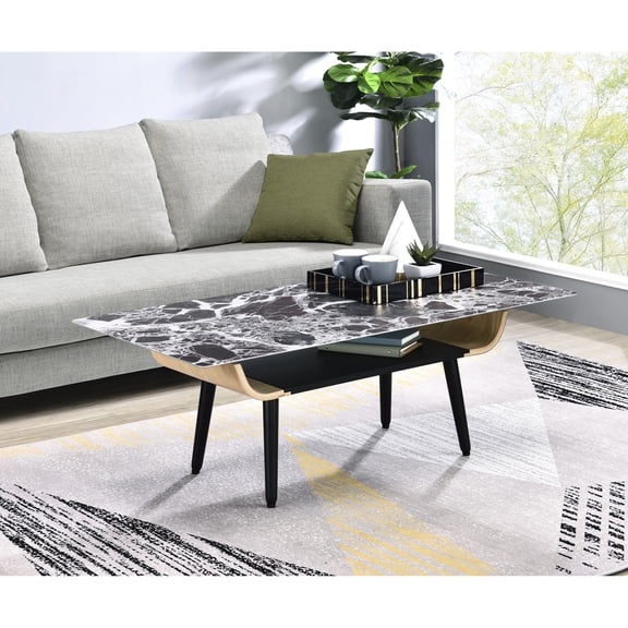 47 - inch Living Room Table | Black Marble - Textured Glass Surface for Elegance | Bent Solid Wood Structure | Slightly Flared Legs for Durability