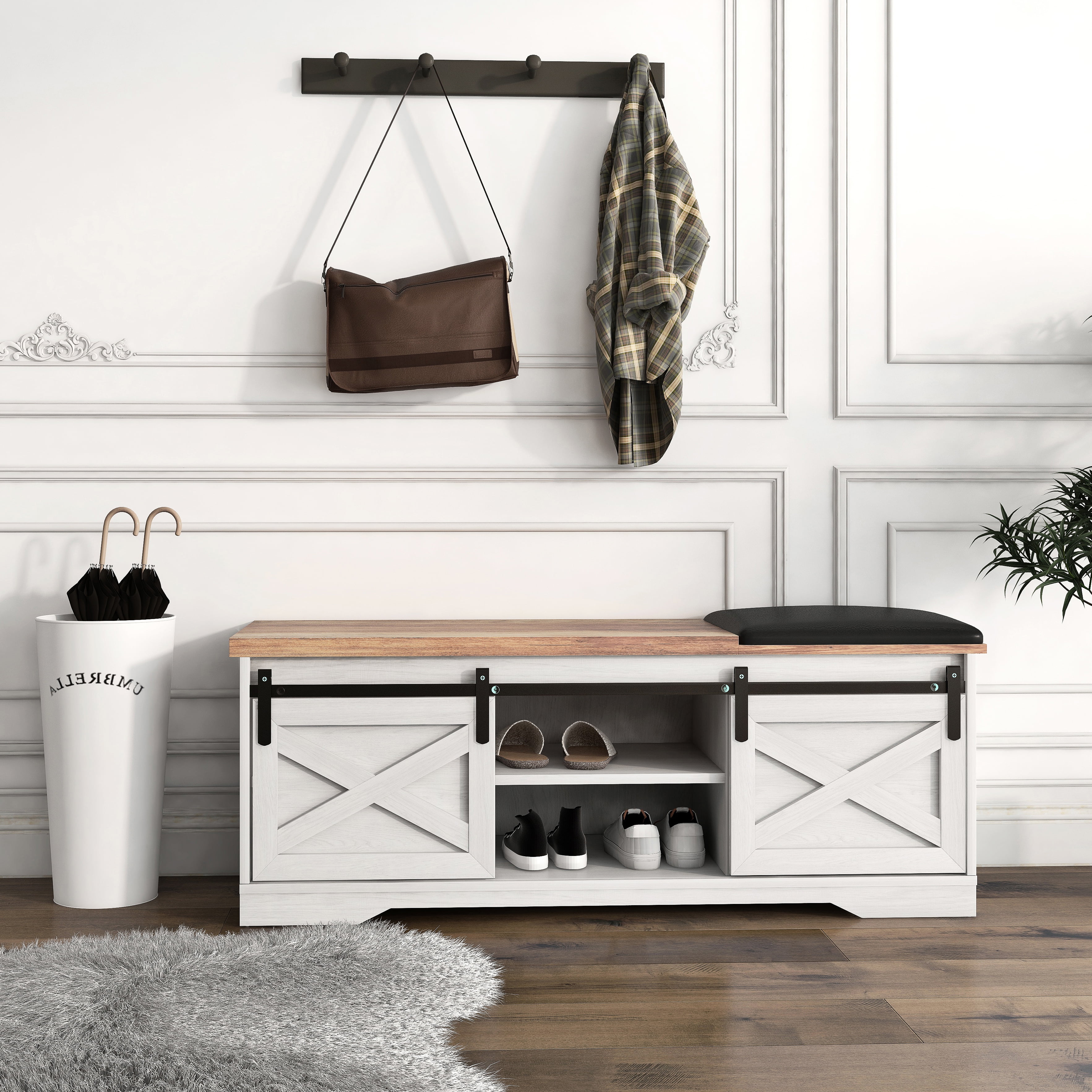 White farmhouse entryway bench outlet