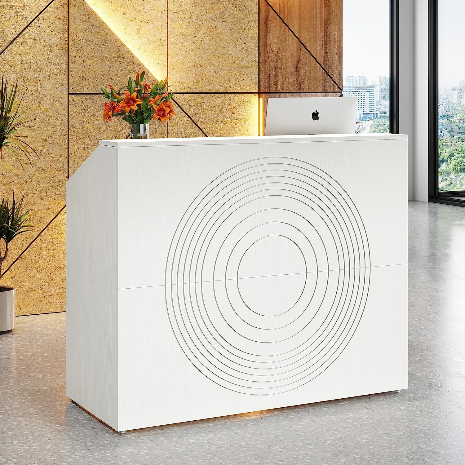 47-Inch White Modern Ergonomic Reception Desk with Circular Texture