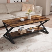47 inch Rectangle Coffee Table, 2-Tier Wooden Rustic Brown Coffee Tables for Living Room, Modern Center Table for Small Space, Apartment, Office