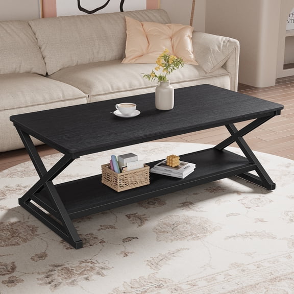 47 inch Rectangle Coffee Table for Living Room, Black 2-Tier Wooden Coffee Tables with Round Corner, Modern Center Table for Small Space, Apartment, Office