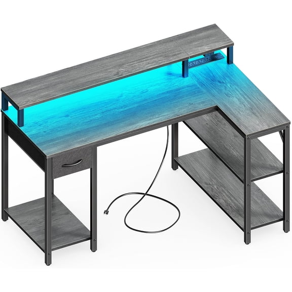 47 inch Reversible L Shaped Desk with LED Lights & Power Outlets, Computer Desk with Shelves & Monitor Stand, Gaming Desk with Drawer, Home Office Desk Corner Desk, Black