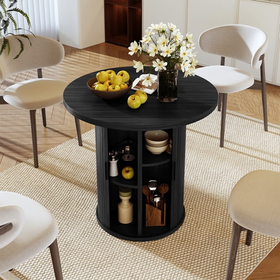 31 inch Round Dining Table for 4, Circle Kitchen Table with 2-Layer Storage Shelf and a Drawer, Modern Farmhouse Dinner Tables with Sliding Door and Wood Strip Base for Kitchen, Living Room (Black)