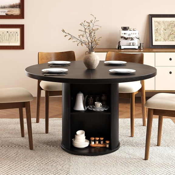 47 inch Round Dining Table for 4, Farmhouse Kitchen Table with 2-Layer Storage Shelf and Wood Slide Door Modern Dinner Table or Home Dining Room Living Room (Black)