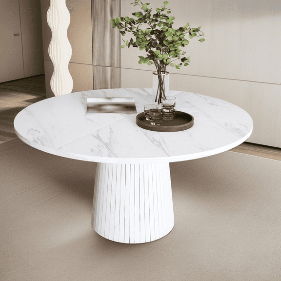 47 inch Round Dining Table for 4, Modern Farmhouse Kitchen Table with Marble Veneer Top & Wood Base, Circle Dinner Table for Small Space, Apartment, White