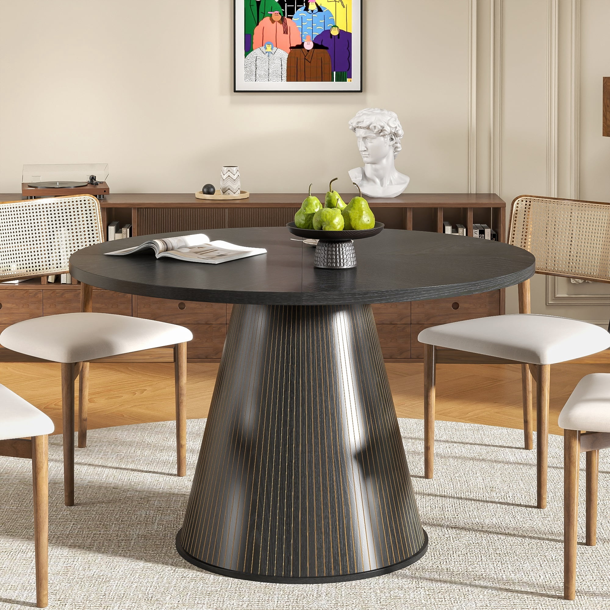 47 inch Round Dining Table for 4, Farmhouse Kitchen Table, Circle Dining Table for Kitchen, Living Room, Black