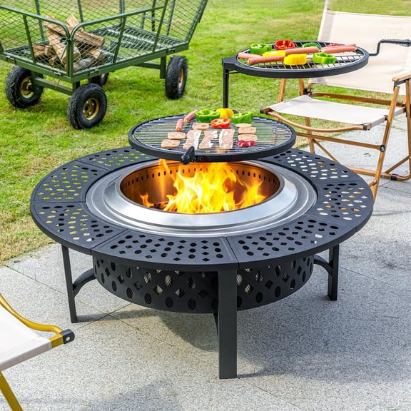 47 inch-Stainless & Smokeless Wood Burning Fire Pit with 2 Grills, Lid, Poker and Waterproof Cover, Round Iron Outdoor Firepit Table for Patio BBQ Bonfire