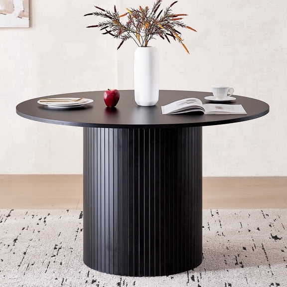 47 inches Modern Round Dining Table, Wood Kitchen Table for 4 with Two-part Tabletop and Wooden Strip Columns Base, Farmhouse Table for Kitchen, Dinning Room, Black
