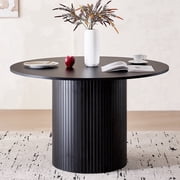 47 inches Modern Round Dining Table, Wood Kitchen Table for 4 with Two-part Tabletop and Wooden Strip Columns Base, Farmhouse Table for Kitchen, Dinning Room, Black