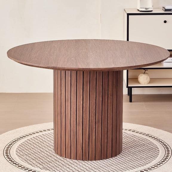 47 inches Modern Round Dining Table, Wood Kitchen Table for 4 with Two-part Tabletop and Wooden Strip Columns Base, Farmhouse Table for Kitchen, Dinning Room, Brown