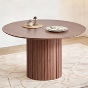 47 inches Modern Round Dining Table, Wood Kitchen Table for 4 with Two-part Tabletop and Wooden Strip Columns Base, Farmhouse Table for Kitchen, Dinning Room, Brown