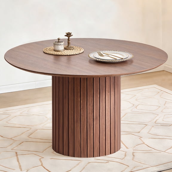 47 inches Modern Round Dining Table, Wood Kitchen Table for 4 with Two-part Tabletop and Wooden Strip Columns Base, Farmhouse Table for Kitchen, Dinning Room, Brown