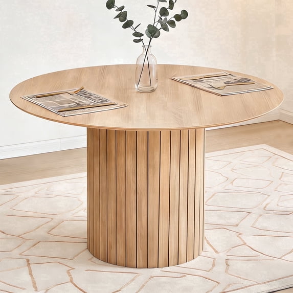 47 inches Modern Round Dining Table, Wood Kitchen Table for 4 with Two-part Tabletop and Wooden Strip Columns Base, Farmhouse Table for Kitchen, Dinning Room, Oak