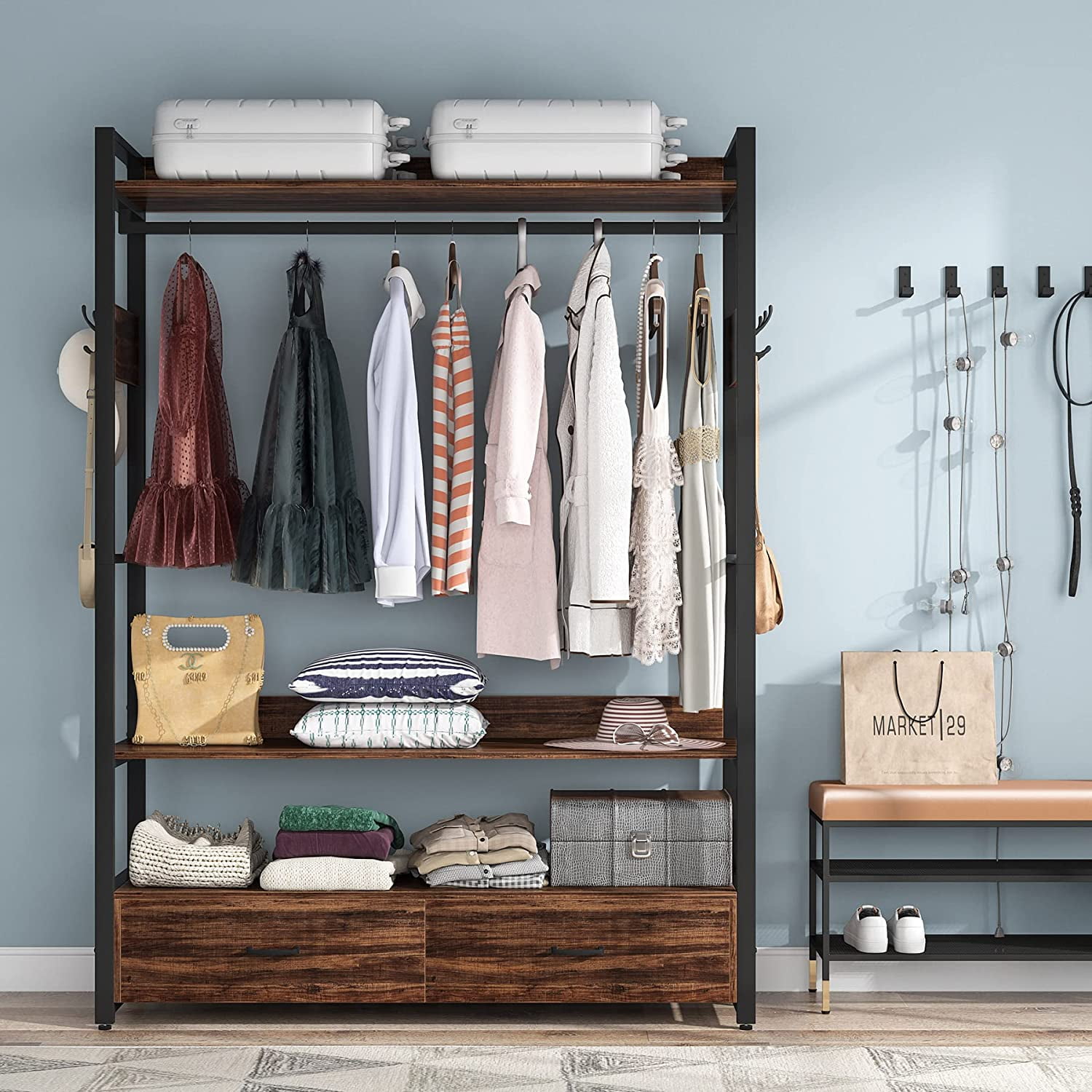 Drawer Rack Clothes 47 inches freestanding clothes rack with drawer and hooks closet ...