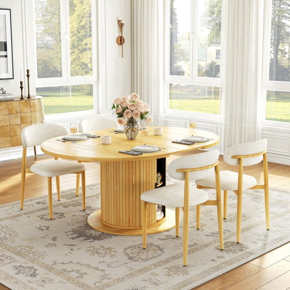 47" to 63" Extendable Dining Table Set of 5, Wooden Table with Storage Pedestal and 4 Fabric Chairs for Apartments and Living Rooms