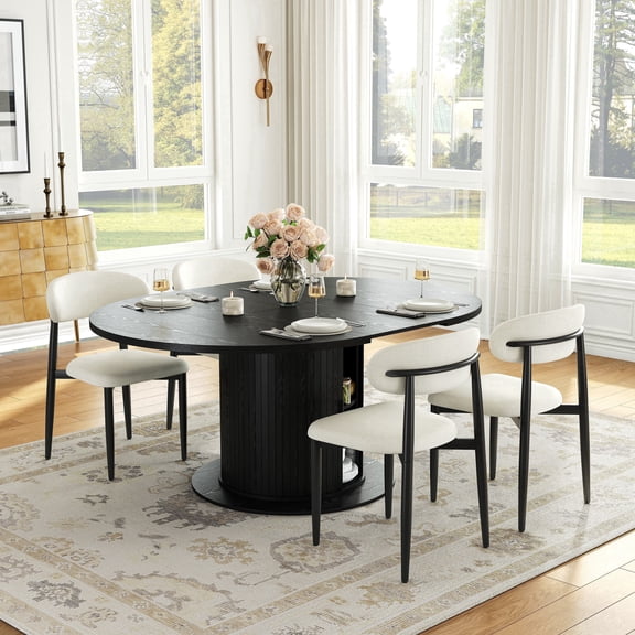 47" to 63" Extendable Dining Table Set of 5, Wooden Table with Storage Pedestal and 4 Fabric Chairs for Apartments and Living Rooms