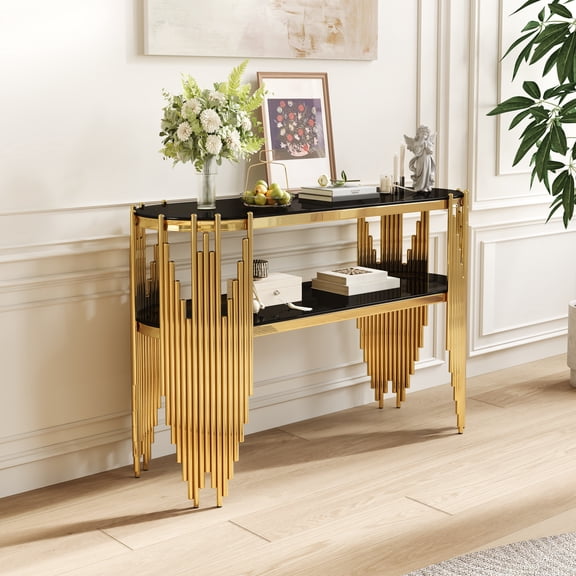 47" x 15.7" Modern Console Table Tempered Glass Top, Steel Base, Ample Storage, Black & Gold Built for Everyday Comfort & Style