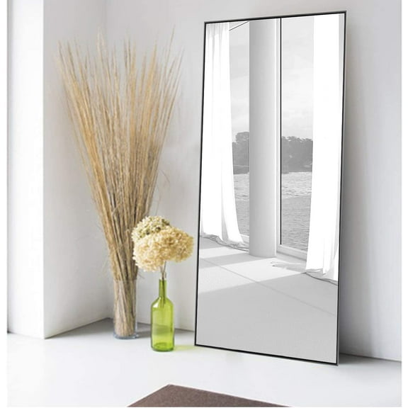 47" x 22" Modern Rectangle Full Length Mirror Floor Mirror with Bracket,Black