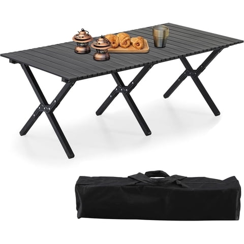 47" x 23" Folding Camping Table, Aluminum Roll-Up Picnic Table with Carrying Bag, Portable Low Beach Table for Outdoor Travel, Hiking, Party, BBQ, Backyard(Black)