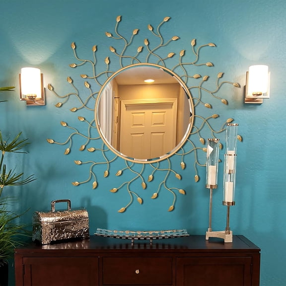 47" x 47" Large Round Decorative Mirror, Living Room Wall Mirror with Metal Leaves, Gold Mirror Wall Decor with Frame for Hallway, Dining Room, Bedroom