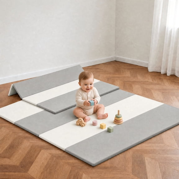 47" x 47" x 1.2" Foldable Baby Play Mat, Waterproof Foam Crawling & Tummy Time Mat, Thick Soft Playmat for Indoor Outdoor Use,Beige+Grey