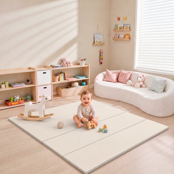 47" x 47" x 1.2" Foldable Baby Play Mat, Waterproof Foam Crawling & Tummy Time Mat, Thick Soft Playmat for Indoor Outdoor Use,Beige