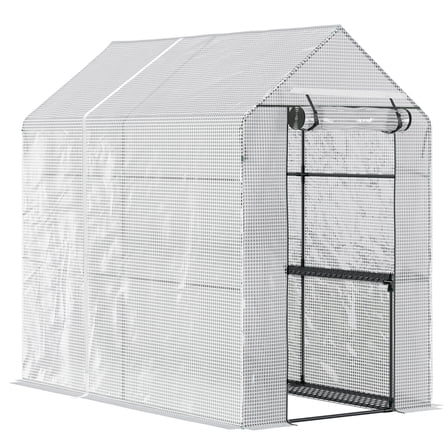 47" x 73" Walk-In Greenhouse, White Portable Plant House with 4 Shelves & Roll-Up Door