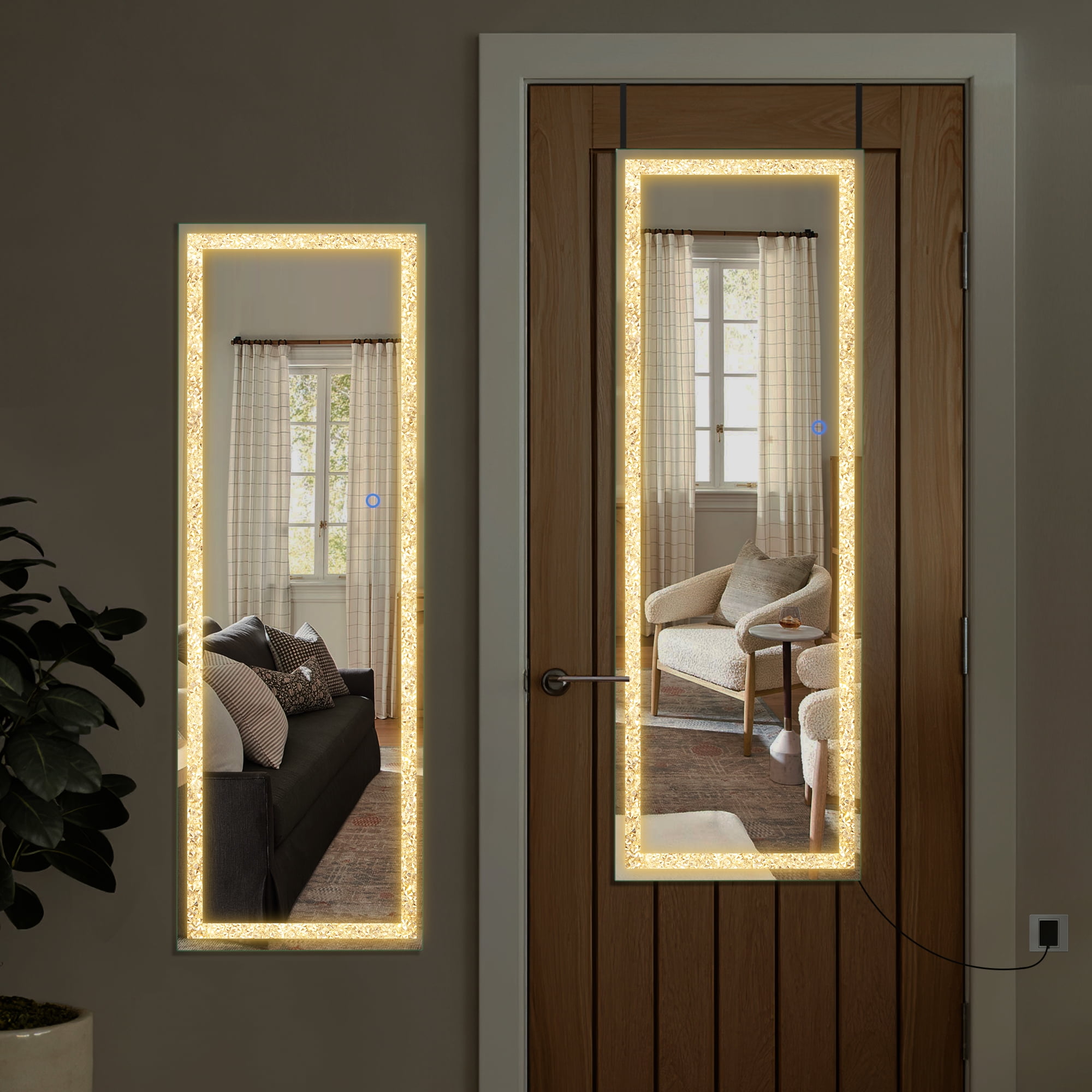 47"x16" Mordern Rectangle Hanging LED Mirror Door Mirror Vanity Mirror with Diamond,Silver