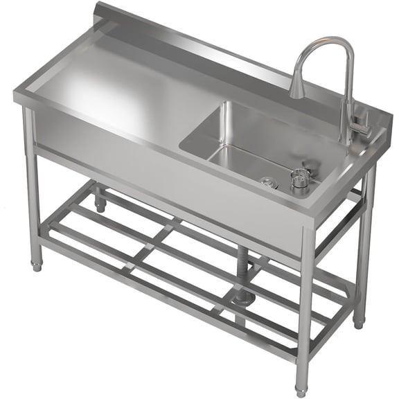 47"x37"x20" Stainless Steel Utility Sink, Freestanding Single Bowl with Pull-Out Hot & Cold Faucet, Commercial Kitchen Laundry Bathroom Garage Garden Sink