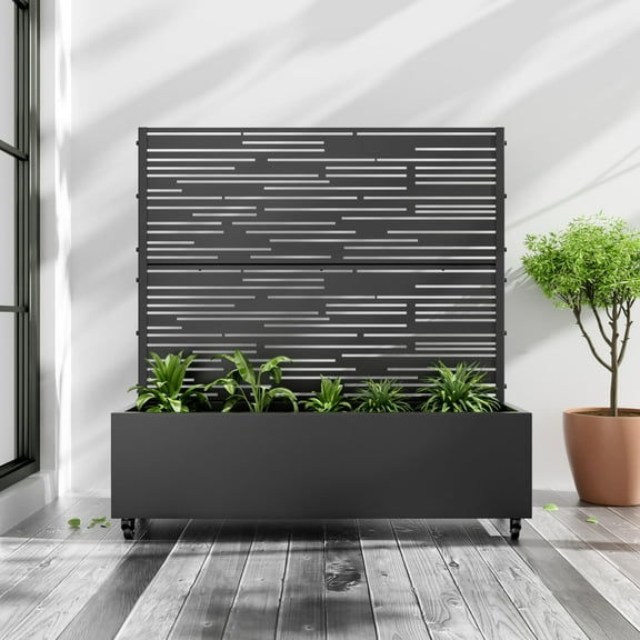 47"x47" Metal Black Rectangle Pots and Planter Raised Box with Trellis for Vine Climbing Plants
