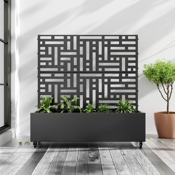 MAYEERTY 47"x47" Metal Black Rectangle Planter Box, Outdoor Raised Garden Beds with Trellis for Vine Climbing Plants