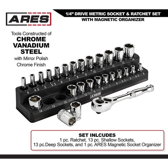 47003-28-Piece 1/4-inch Drive Metric Socket and 90-Tooth Ratchet Set with Magnetic Organizer - Sizes 4mm to 14mm Deep and Shallow Sockets