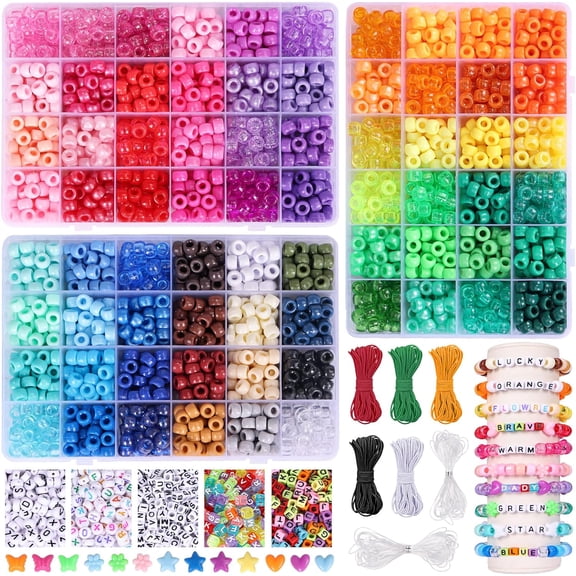 4700pcs, 72 Colors Pony Beads Rainbow Kandi for Bracelets Making Kit, 3600pcs 9mm Plastic and 1000pcs Letter Beads, Alphabet for Jewelry Making With Elastic Threads