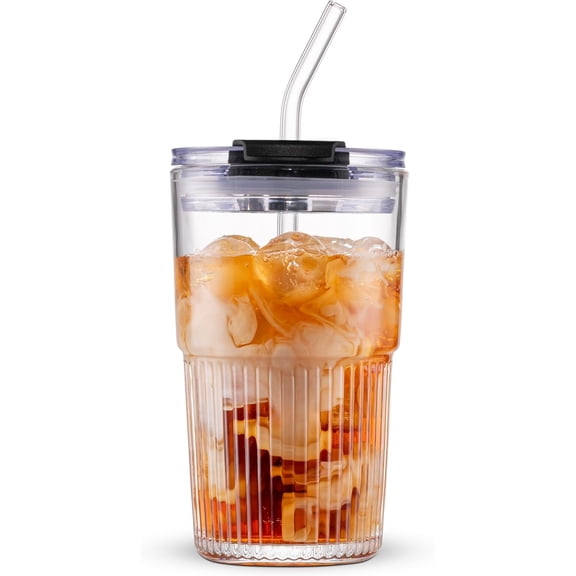 470ml/16oz Ribbed Glass Tumbler with Straw and Lid, BPA-Free Reusable Iced Coffee Cups with Lids, Thickened Coffee Tumbler for Office/Travel/Car (clear)