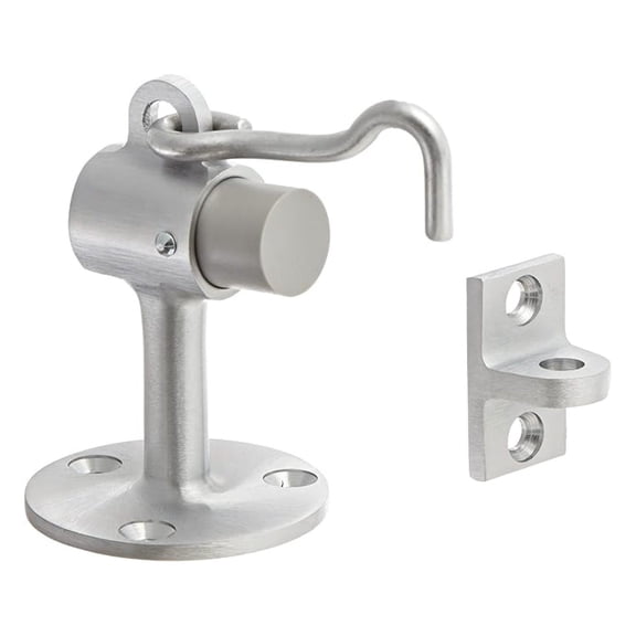 472.26D Brass Door Stop with Keeper, #12 x 1-1/4" FH WS Fastener with Plastic Anchor, 2-1/2" Base Diameter x 3-3/4" Height, Plated Finish