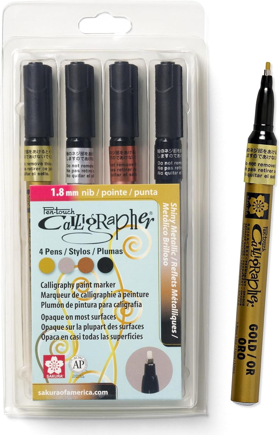 47391 4-Piece Fine Pentouch Calligrapher Paint Marker, 1.8mm, Gold, Silver, Copper and Black