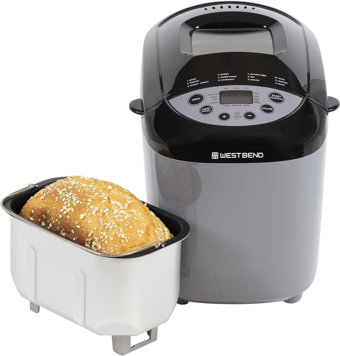 47413 Hi-Rise Programmable Bread Maker Machine with Horizontal Dual Blade and 12 Programs, Including Gluten Free Mode, 3 Lb, Gray