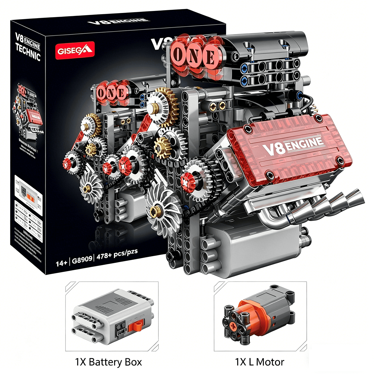 478PCS V8 Engine Building Set,V8 Engine Model kit that Run,Build Your Own STEM Mini V8 Model Engine Kit with Battery Box and L Motor,8-Cylinder Car Engine Building Engineering Toys for Kids Adults