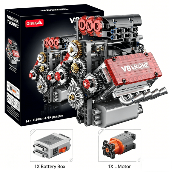 478PCS V8 Engine Building Set,V8 Engine Model kit that Run,Build Your Own STEM Mini V8 Model Engine Kit with Battery Box and L Motor,8-Cylinder Car Engine Building Engineering Toys for Kids Adults