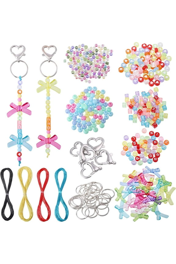 479 Pcs DIY Bead Keychain Kit Heart Shaped Lobster Claw Clasps Keychain Rings Kit 6 Style Colorful Acrylic Beads for Jewelry Making DIY Keychains Earrings Craft Mixed Color