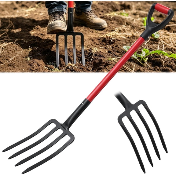 47IN Garden Pitchfork, One-piece Design 4-Tine Garden Fork Heavy Duty Digging Manure Forks for Potato Digging Mulch Spreading Loosening Soil Hay Compost Aeration Transplanting Farm Garden
