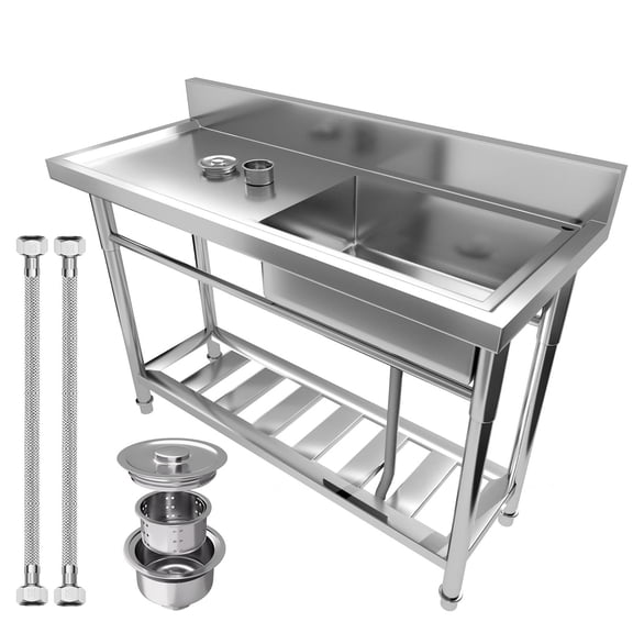 47In Free Standing Utility Sink,Stainless Steel Commercial Sink With Single Bowl,Cold And Hot Water Pipes And Workbench,Kitchen Sink For Laundry Or Farmhouse
