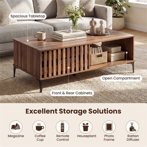 47In Mid Century Coffee Table Walnut Wood Look Storage Cabinets Open Compartment Accent Table Heavy Duty Metal Legs Living Room Farmhouse Modern Vintage Tea Table Freestanding Home Easy Assembly