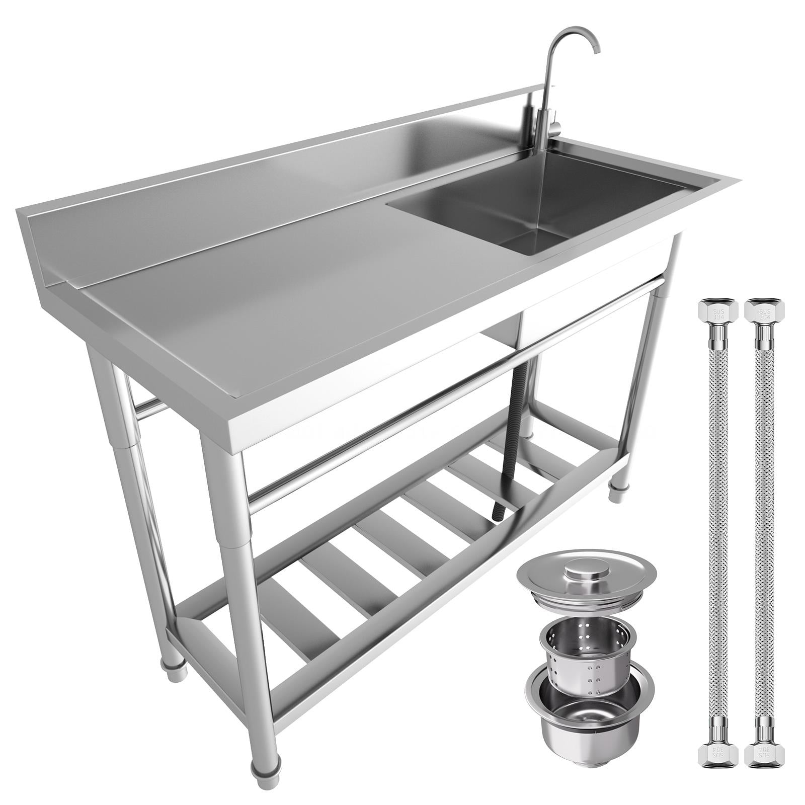 47In Stainless Steel Utility Sink,Free Standing Utility Sink With Faucet And Drawer Storage,1.2mm Thick 201 Stainless Steel,Stainless Steel Commercial Sink For Indoor Or Outdoor Use