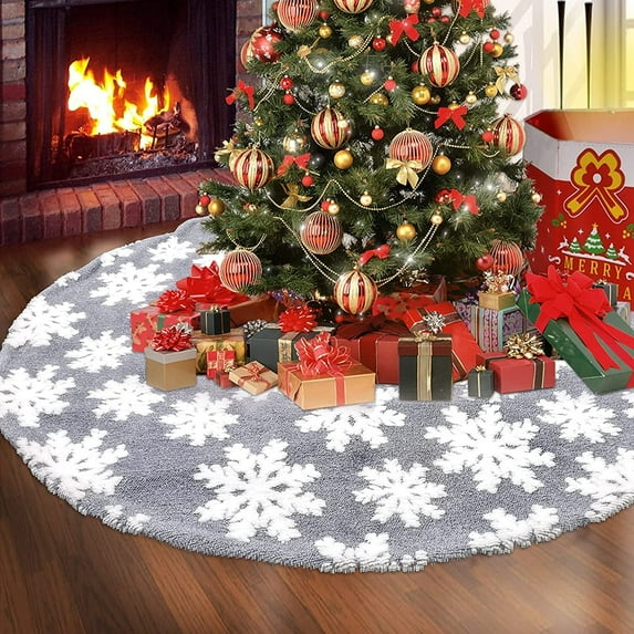 47Inch Christmas Tree Plush Skirt, White Snow Xmas Faux Fur Large Tree Skirt Mat Base Cover for New Year Holiday Decor