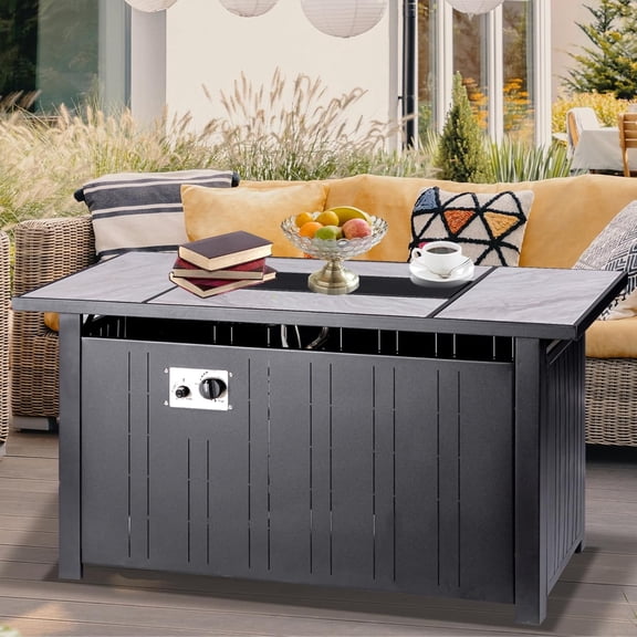 47Inch Propane Fire Pit Table with Real Ceramic Tabletop, 50000 BTU Gas Firepit Table with Lid & Lava Stones, Outdoor Fire Pit for Dining or Party