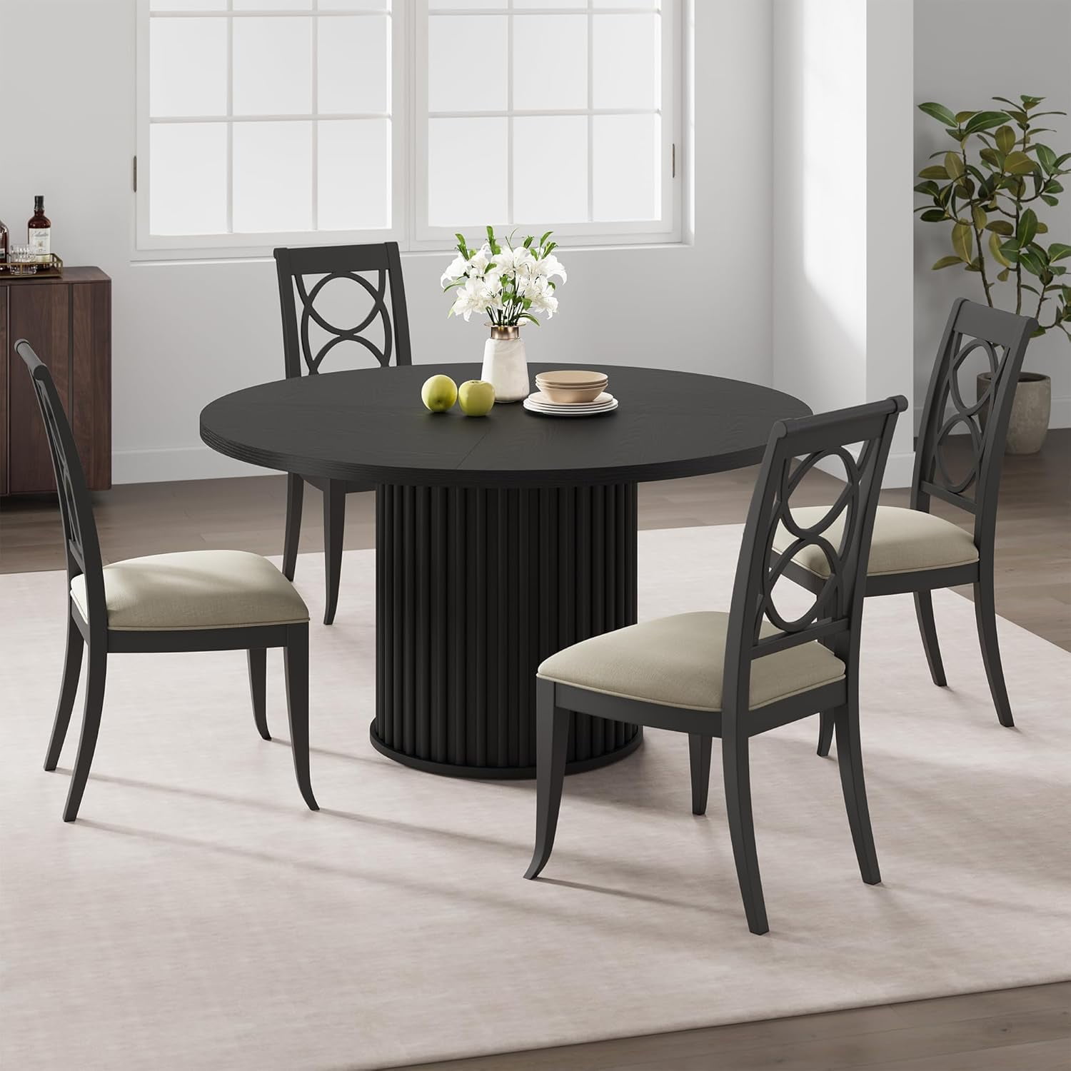 47Inch Round Dining Table for 4-6 People, Black Dining Room Table with Sturdy Waveform Metal ...