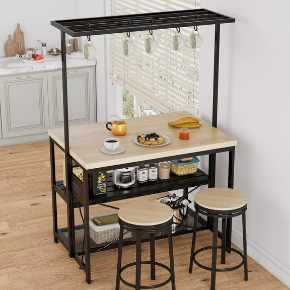 47Inches Kitchen Island with Hanging Pot Rack, Wood Top, Metal Frame, Storage Shelves & Mesh Basket, Built-in Charging Station, Industrial Style