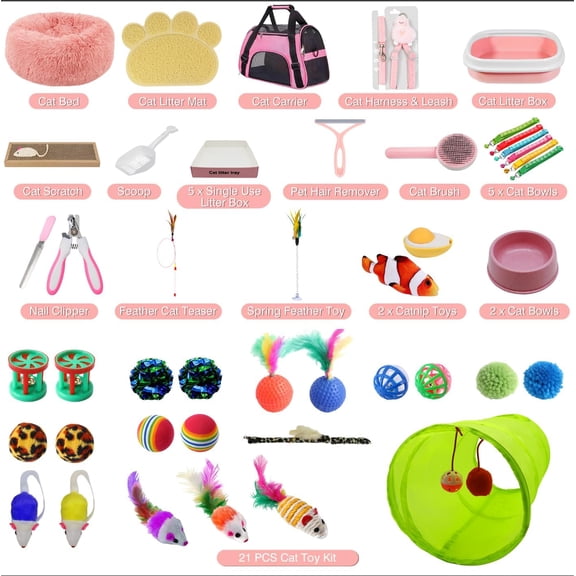 47PCS Kitten Essentials Starter Kit, Ideal for Cats Under 6 Months, Featuring 21-Piece Toy Set, Bed, Carrier, Litter Box, Bowls & More, for New Cat Owners - Pink