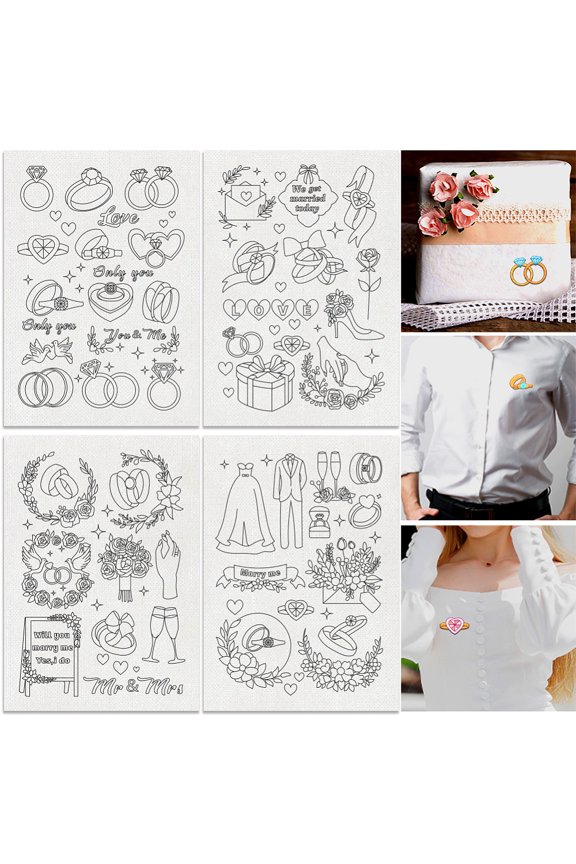 47Pcs Wedding Ring Water Soluble Hand Sewing Stabilizers 8.3"x11.7" Wedding Flower Embroidery Pattern Stabilizer 4 Sheets Couple Stick